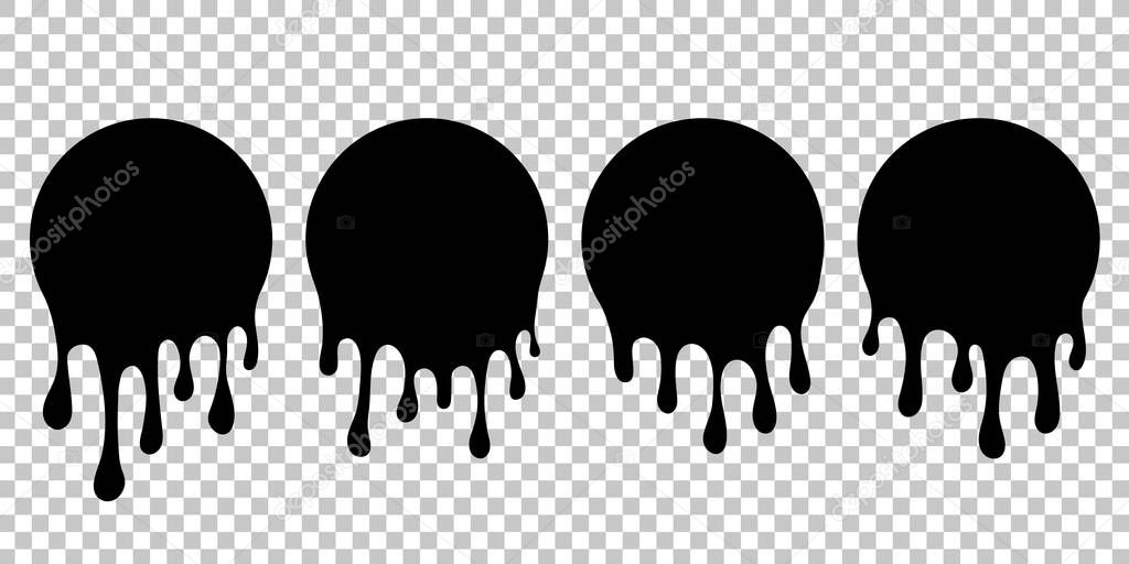 Dripping paint silhouette. Current liquid stains. Dripping spots of sauce, milk, blood, ink, oil, chocolate. Current blob round shape with drops. Melted circle shape icon. Liquid drips dessert. vector