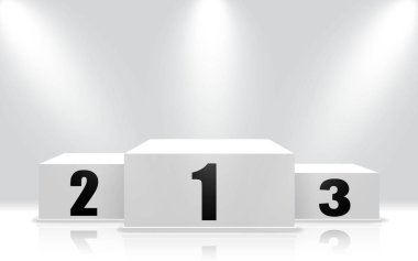 Kazanan podyum, 3 ayakta duruyor. Birinci, ikinci ve üçüncü olmak üzere beyaz kaide. İzole edilmiş arka planda ışık ve yansıma ile 3D ödüllendirilmiş kaide. Spot ışıklarıyla kazanan kaide. Tasarım vektörü