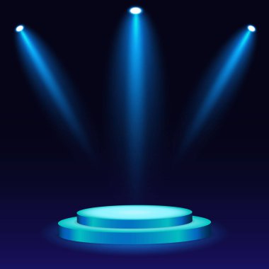 Lambalı, beyaz 3D podyum. Kazanan spot ışıklarıyla ayakta duruyor. Ödül için boş kaide platformu. Podyum, sahne kaidesi ya da platform izole arkaplanda ışıkla aydınlatılmış. vektör