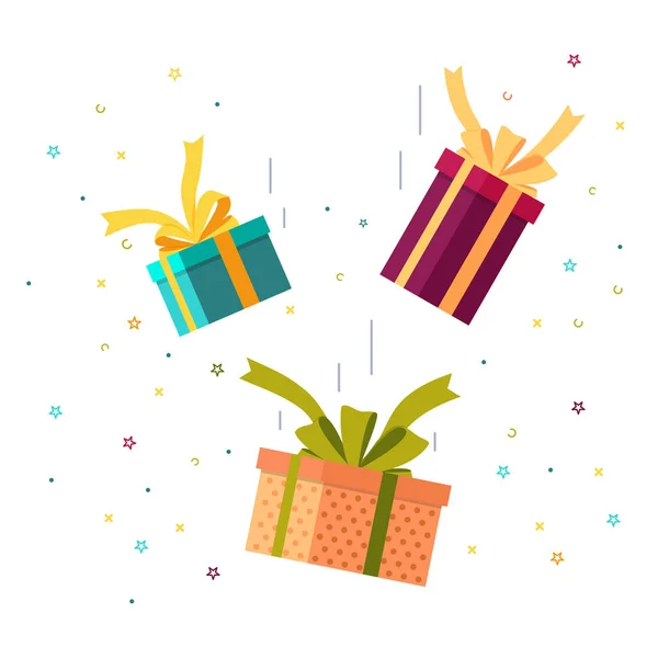 Cadeau tombant avec des arcs et feu d'artifice. Tomber boîte surprise pour un heureux événement. Icône boîte cadeau plat à vendre, prix. boîte cadeau de style ligne vectorielle avec ruban. Illustration design de cadeau de vol heureux — Image vectorielle