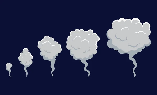 Rook wolk explosie voor animatie. Cartoon wolk van vuur, stofwolk van snelheid beweging, ontploffing van bom.Set vorm van wolk in vlakke komische stijl. Giftige gasbel. Geïsoleerde vectorillustratie — Stockvector