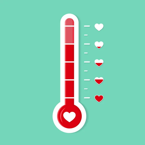 Kalbin termometre göstergesi. Romantik hedef ikonu. Aşkın ısı seviyesi. Kart için sıcaklık ölçeği. Kalbin gelişim derecesi. Termometre veya termostat simgesi. Sevgililer Günü vektör illüstrasyonu — Stok Vektör