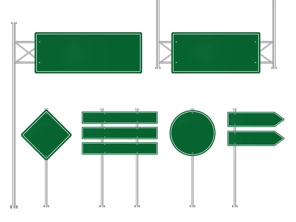 緑の道路交通標識のセット。通りの方向プレート。空白の看板、看板の高速道路、情報パネル。テンプレート道路標識、場所の看板。モックアップの看板設計ベクトル — ストックベクタ