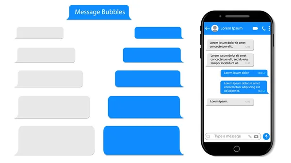 Φούσκα ομιλίας μηνύματος για κείμενο στο τηλέφωνο. Mockup sms chat, συνομιλία για κινητό. Smartphone συνομιλία με το πλαίσιο κειμένου. Συνομιλήστε Ui. Πρότυπο μηνύματος απομονωμένο φόντο. διάνυσμα σχεδιασμού — Διανυσματικό Αρχείο