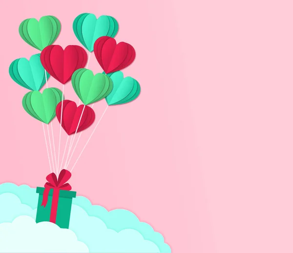 Caer regalos con corazones de ballon para el día de San Valentín. Tarjeta de feliz día en corte de papel, estilo origami. Saludo decoración de corazones para fondo de amor. Banner de cumpleaños. Volante de viaje. vector — Vector de stock