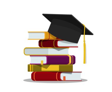 Kitap yığını, mezuniyet şapkası. Eğitim konsepti. Mezuniyet şapkası, izole arka plandaki kitap yığınının üstünde. Okulun başarısı. Düz kütüphane edebiyatı, sözlük, roman. vektör