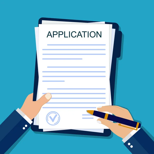 Application form on paper. Hand signs agreement document in flat style. Legal paperwork on isolated background. Insurance concept. Apply on job. Report submission from businessman. vector — 스톡 벡터