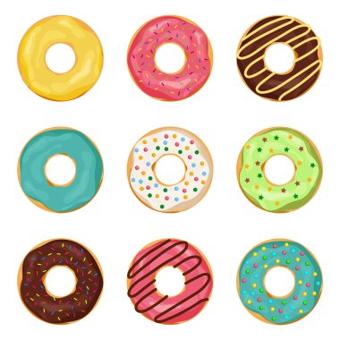 İzole edilmiş arka planda jöleli çörekler. Kahve için çikolata kremalı çizgi film donutu. Tatlı tatlı. Lezzetli pastanın buzlu süslemesi. Düz çörek ve şeker jölesi. Lezzetli hamur işi. vektör