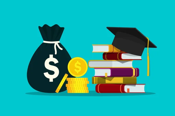 Bourse pour le savoir. Investissement dans l'éducation des étudiants. Chapeau sur pile de livres et d'argent pour les frais de scolarité. Frais d'études. Concept de prêt pour le baccalauréat de l'université. Diplôme universitaire. Conception vecteur plat — Image vectorielle