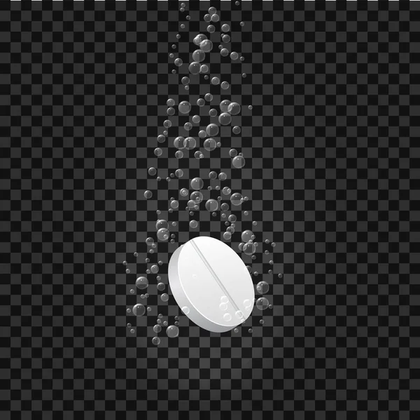 Šumivé rozpouštění tablet pilulek ve šumivé vodě. Tableta obsahující antibiotika, aspirin nebo vitamin rozpustný. Lék s efektem bublin. Šumivá lékárenská pilulka na izolovaném pozadí. vektor — Stockový vektor