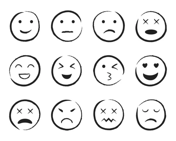 Emiji面带微笑手绘风格 快乐，悲伤，愤怒的脸涂鸦图标。 Emoji的社交媒体。 卡通人物面临着孤立的背景。 表达情感线条风格。 设计矢量 — 图库矢量图片
