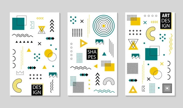Soyut memphis şekilli geometrik poster tasarla. Çizgileri, şebekesi, posterleri, sosyal medyası olan geometrik desen dokusu. Yarım tonlu noktalı grafiksel desen. Geometri afişi. vektör