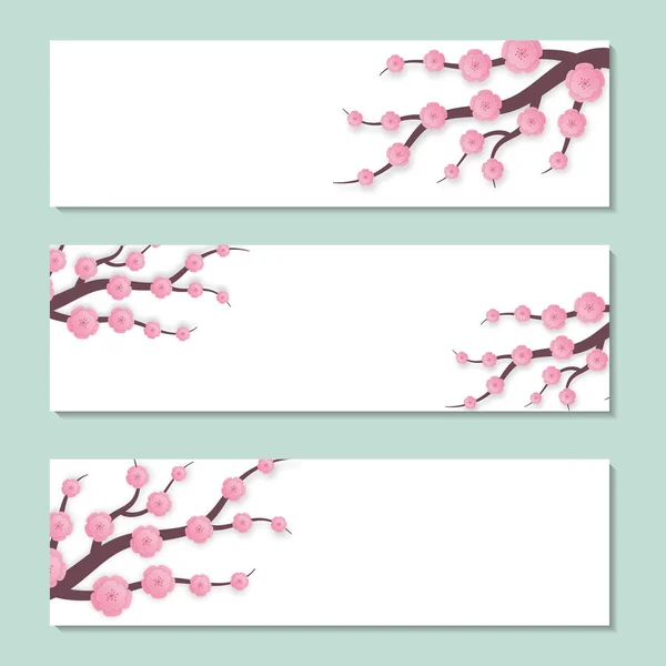 Frühlingsbanner mit Blumen. Blütenkirsche auf weißem Hintergrund. Blütenzweig sakura. Frühlingsblume blühende Karte. japanische florale Illustration. Papier geschnittene Blütenkirsche für den Frauentag. Vektor — Stockvektor
