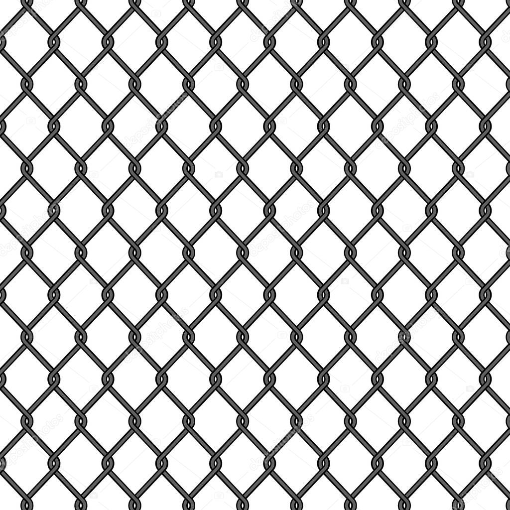 Chain link, fence pattern. Seamless fence, metal cage, black iron mesh. Chainlink wire of prison. Net for soccer on isolated background. Seamless jail grid. vector illustration