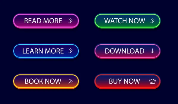 Infographic, web, modile, oyun için parlayan, neon düğme seti. Açık parlak çağrı eylem simgesi. Yön bulma düğmeleri menüsünü tasarla. Bilgi düğmesi oku, satın al, daha izole. vektör illüstrasyonu