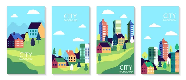 Paysage urbain ensemble affiche. Cartes industrielles urbaines. Ville plate simple avec des bâtiments, rue. Ensemble de bannière avec campagne naturelle. Paysage urbain milieux pour les médias sociaux. illustration vectorielle — Image vectorielle