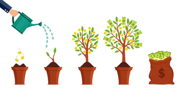 Money tree growing process. Financial growth concept. Dollar investment in business. Hand watering growing money plant with bitcoin. Financial green tree on isolated background. vector illustration. — 스톡 벡터