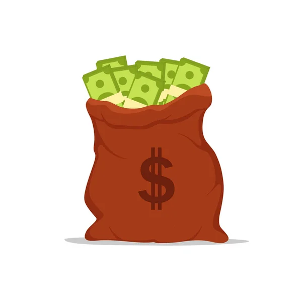 Bolsa de dinero con billete de dólar. Concepto de sueldo en efectivo sobre fondo aislado. Icono de inversión de estilo plano. Tesoro valioso. Una simple bolsa con un montón de dinero. ilustración vectorial — Vector de stock