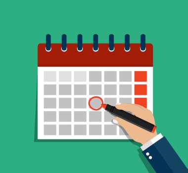 El işaretleri takvim zamanı. İş adamı aylık toplantılar planlıyor. İş için randevu, takım çalışması planlar. Tatil takvimi düz stil. Takvimdeki hafta takvimi. Tasarım vektörü illüstrasyonu