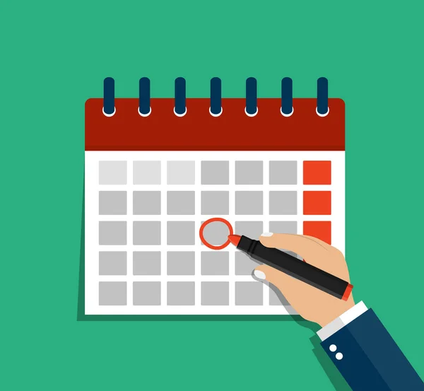 手のマークカレンダー時間 ビジネスマンは毎月会合を計画している ビジネス チームワーク計画の日付の予定 フラットスタイルでの休日のスケジュール カレンダーの週の議題 デザインベクトルイラスト — ストックベクタ