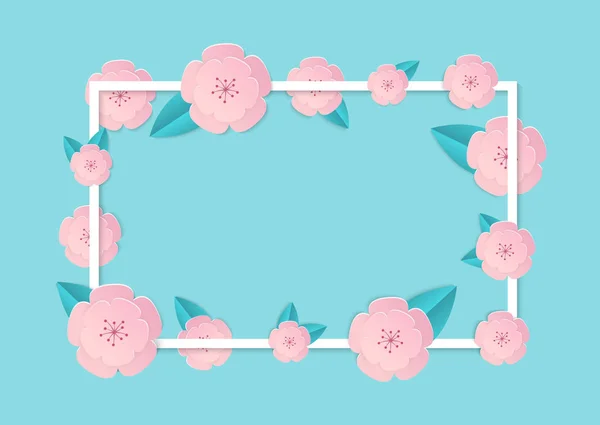 Flor de papel con marco rectángulo en estilo artesanal. Ilustración floral pastel. Fondo de cereza de primavera para el texto. Bandera japonesa. Decoración de verano con sakura. Cartel de la naturaleza aislado. Diseño vector . — Archivo Imágenes Vectoriales