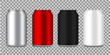 Soda, bira, meyve suyu ve kola için gerçekçi alüminyum kutular. İçki için metal ya da çelik ambalaj. Renkli şişeler. Gümüş, kırmızı, içecek kabı. Boş alüminyum kaplar. vektör illüstrasyonu.