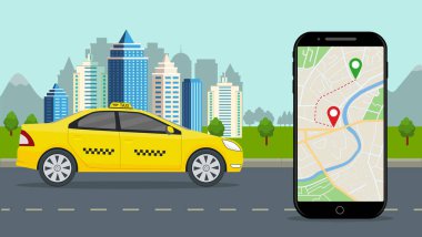 Mobil uygulamalı taksi. İnternet haritalı taksi servisi, telefon, şehir geçmişi. Sokakta konum bilgisi olan akıllı telefon uygulaması. Yolcunun emriyle sarı araba yolda. Düz tasarım vektörü.