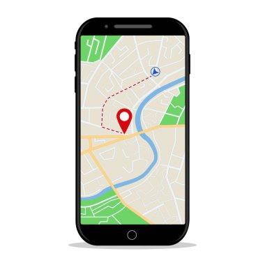 Cep telefonundaki GPS navigasyonunu haritala. Haritada akıllı telefon ekranındaki araba için yön uygulaması. Taksi yolcusu için şehir caddesinde bir yer. Telefondaki güzergahın GPS 'i. Düz vektör.