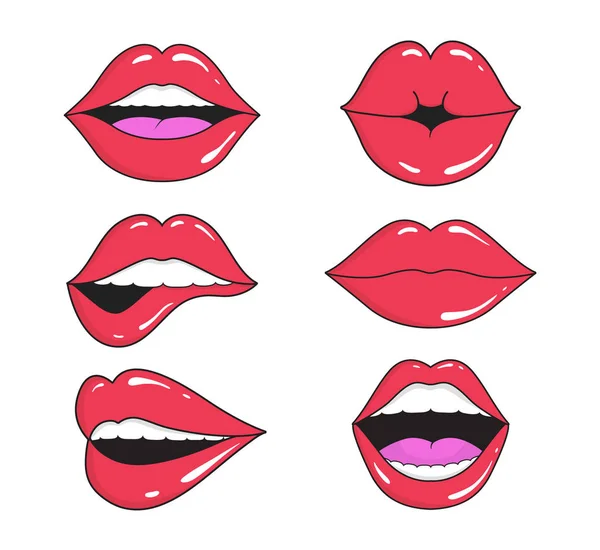 Woman lips with smile, kiss. Mouths collection of girl retro style for comic book. Female open mouth with teeth. Sticker lip shape for face. Lady with red lipstick, makeup expressing emotion. Vector — Stock Vector