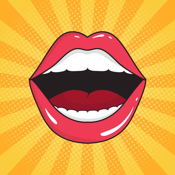 Pop art φόντο με ανοιχτό στόμα. Κόκκινα χείλη κοριτσίστικου ρετρό στυλ για κόμικ. Γυναικείο ανοιχτό στόμα με δόντια. Γοητευτική ρομαντική σύνθεση. Αισθητικό σύμβολο Popart. Εικονογράφηση φορέα κινουμένων σχεδίων. — Διανυσματικό Αρχείο