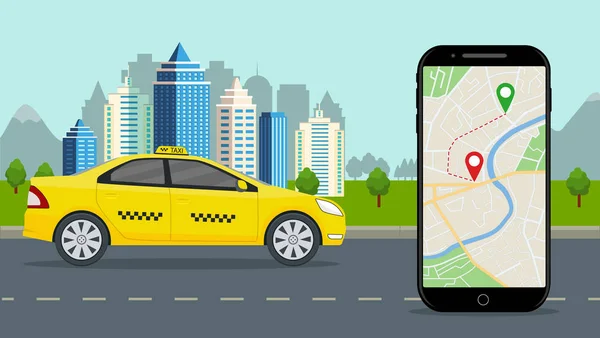 Mobil uygulamalı taksi. İnternet haritalı taksi servisi, telefon, şehir geçmişi. Sokakta konum bilgisi olan akıllı telefon uygulaması. Yolcunun emriyle sarı araba yolda. Düz tasarım vektörü. — Stok Vektör
