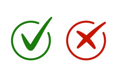 Doğru, yanlış işaret. Doğru ve yanlış hedef simgesi seti. Yeşil kene ve kırmızı haç düz sembol. Kontrol tamam, evet, hayır, oy için X işareti, karar, web. Doğru, yanlış çek kutusu. İşareti doğrula. vektör illüstrasyonu