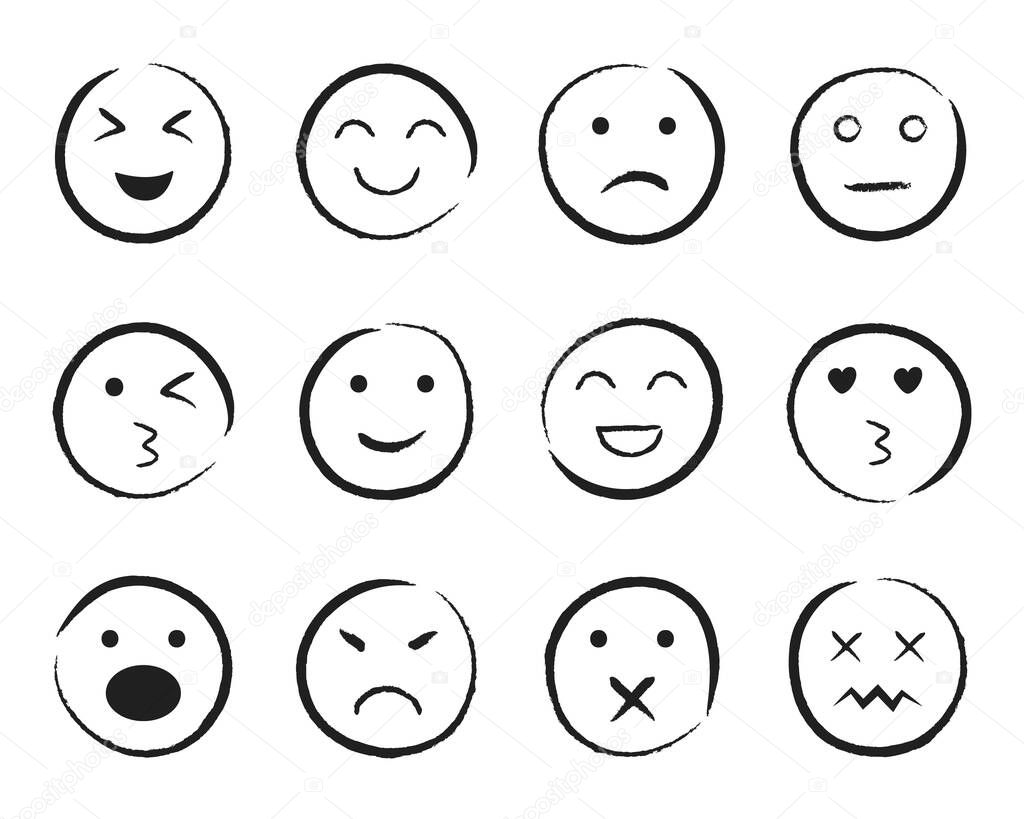 Set of happy face hand drawn style. Sketch smiley, sad, angry face doodle icon. Emoji emoticon for social media. Cartoon people faces on isolated background. Expression emotion. Set line mood. vector.