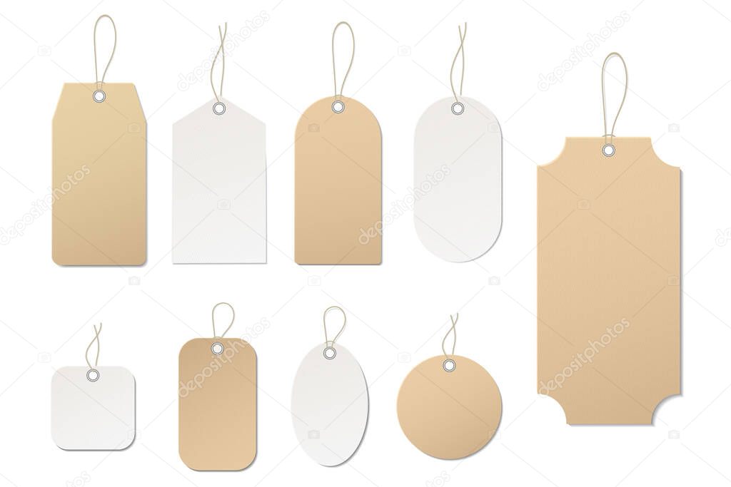 Vector price tag. Blank paper label. Template empty tag for price of buy in shop, hang sale, gift. Luggage tag with cord. Texture ticket. White labels with string. Set of sticker. Isolated vector