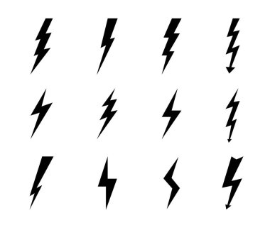 Şimşek simgesi. Elektrikli ok, yıldırım çarpması. Siyah voltaj işareti. Tehlike kavramı. Şimşek çakması, elektrik çarpması. Elektrik tehlike sembolü. Pil için yüksek güç. vektör izole
