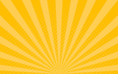 Yarım ton efektli sarı güneş ışınları arka planı. Çizgi roman için güneş patlaması. Noktalı pop sanat afişi. Geçmişe dönük yaz arkaplanı. Yıldız ışınlı çerçeve tasarla. Vintage vektör illüstrasyonu