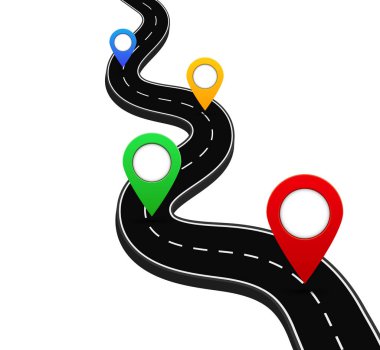 GPS navigasyon şifresi olan 3D yol. Yolculukta yön gösteren bir yol. Şehrin caddesinde işaret var. Yolun varış noktası. Oryantasyon poin ile yol planı. Seyahat konsepti. vektör