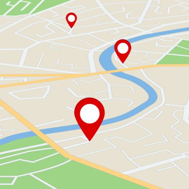 Düz yol haritası. Yol kentinde pimlerle GPS navigasyonu. Şehrin basit bilgi şeması ve nehir seyahati. Yönlendirme noktası olan rota planı. Uydudan şema haritası. vektör