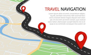 Yolu olan düz bir harita. Gezinti noktası olan GPS navigasyonu. River 'la şehrin basit bilgi geçmişi. Oryantasyon noktası olan nakil rotası planı. Uydudan şema haritası. Tasarım vektörü