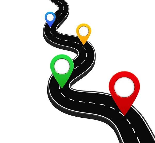 GPS navigasyon şifresi olan 3D yol. Yolculukta yön gösteren bir yol. Şehrin caddesinde işaret var. Yolun varış noktası. Oryantasyon poin ile yol planı. Seyahat konsepti. vektör