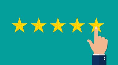 El değeri 5 yıldız. İzole edilmiş arka planda müşteri 5 yıldızını inceler. En üst simgede düz 5 yıldız. Kalite değerlendirmesi, geri bildirim konsepti. Performans oranı. Hizmet değerlendirmesi iyi. vektör