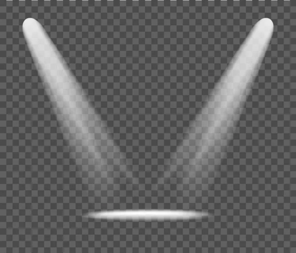 矢量聚光效果 透明背景下的光芒 照明放映机音乐会舞台 电影院 戏院装饰的点亮 室内用白色聚光灯 矢量说明 — 图库矢量图片