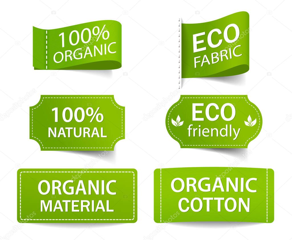 Green label for eco, organic product. Natural tag for cloth. Cotton organic badge for guarantee quality. Ecofriendly textile emblem of bio material. Health care of environment concept. Textile vector