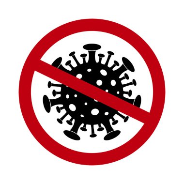 Coronavirüs ikonunu durdur. Yasak virüs belirtisi. Kırmızı çemberdeki siyah viral mikrop. Karantina, antiviral konsept. Uyarı, dikkat salgın hastalık sembolü. Tehlikeli bir bakteri silueti. vektör