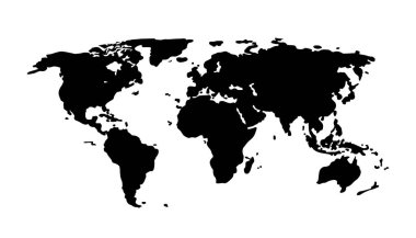 Beyaz arka planda siyah dünya haritası. Avrupa, Asya, Güney Amerika, Kuzey Amerika, Avustralya, Afrika siluet kıtası. Seyahatte konum haritası. Küresel coğrafya. vektör illüstrasyonu
