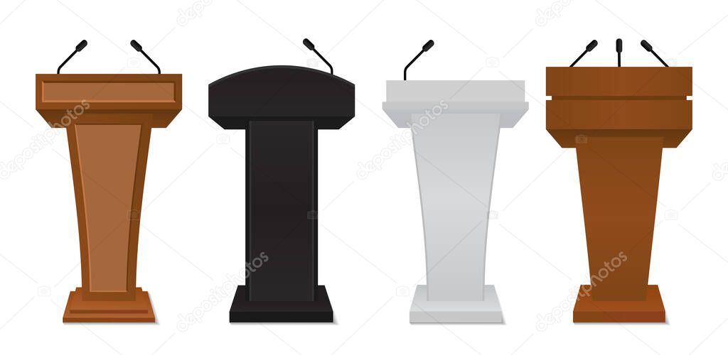 Rostrum podium for speech. Flat tribune with microphone for conference. Stand icon for debate, dispute. Blank political pedestal for information. White, black and wooden podium for speaker. vector