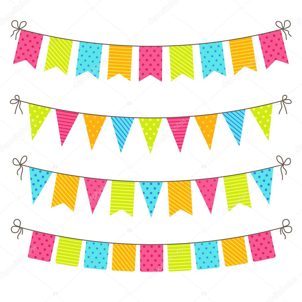 Party bunting. Flat yellow, green flags for birthday background. Colored garland decoration on celebration banner. Triangles ornament hanging on rope. Carnival flags isolated. vector illustration