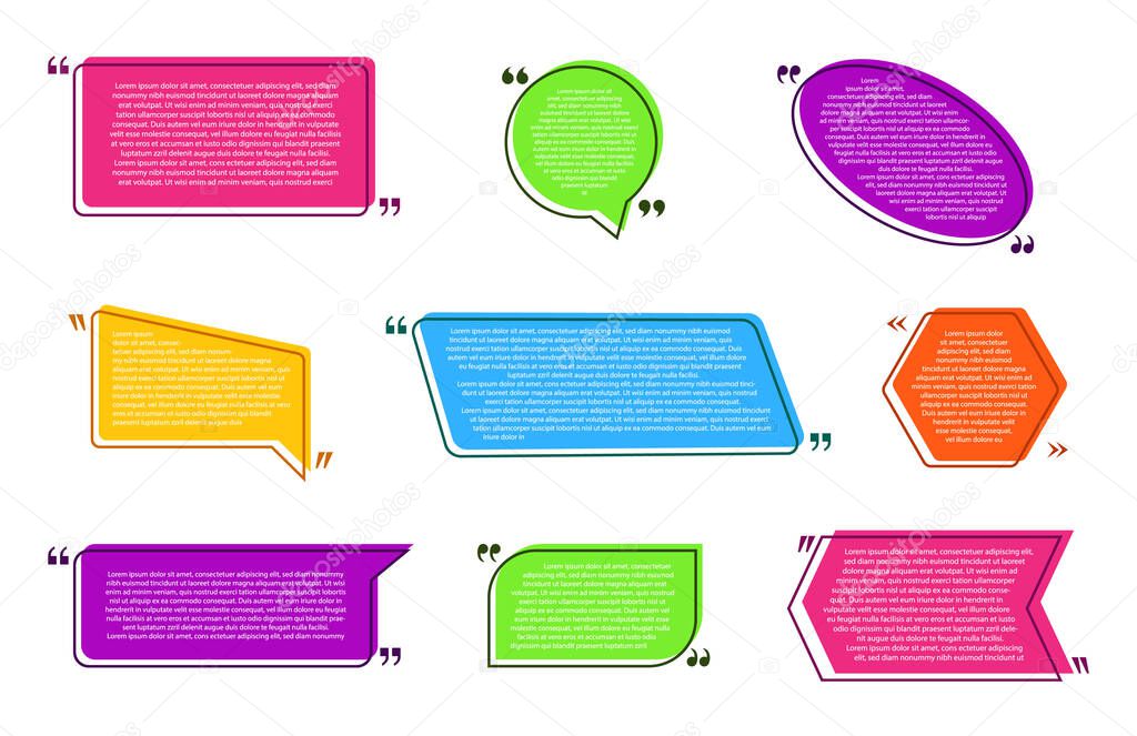 Quote text box with title. Message quotation bubble with space for description. Citation border for comment, blog. Colored creative speech, textbox information. Note sign. vector illustration