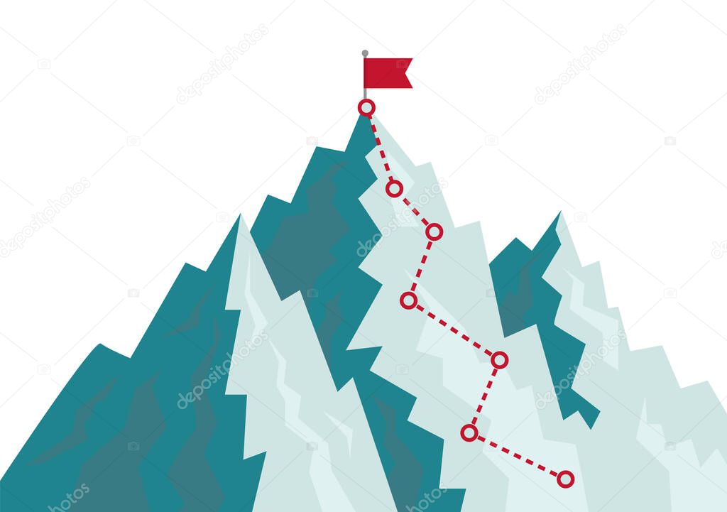 Mountain climbing route to goal. Flat path of journey with direction of line. Cartoon progress career concept. Alpinism plan with flag on peak. Competition of leaders in achieving goal on rock. vector