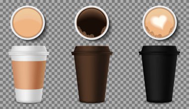 Üst manzaralı kahve fincanları. Logo kafe için 3D plastik mocha bardağı. İzole edilmiş arka planda kahve bulunan gerçekçi boş bir kap. Sıcak içecek için beyaz, siyah paket. Espresso, latte şablonu